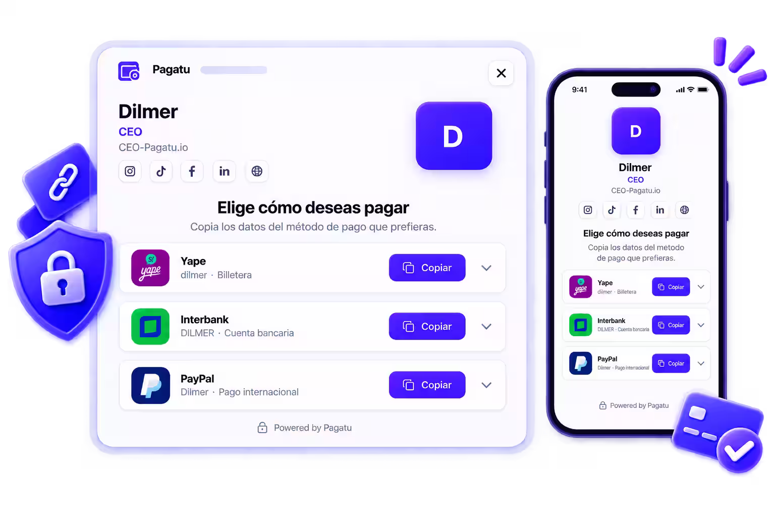 La página «Elige cómo deseas pagar» vista en escritorio y en móvil, con un botón de copiar junto a cada método