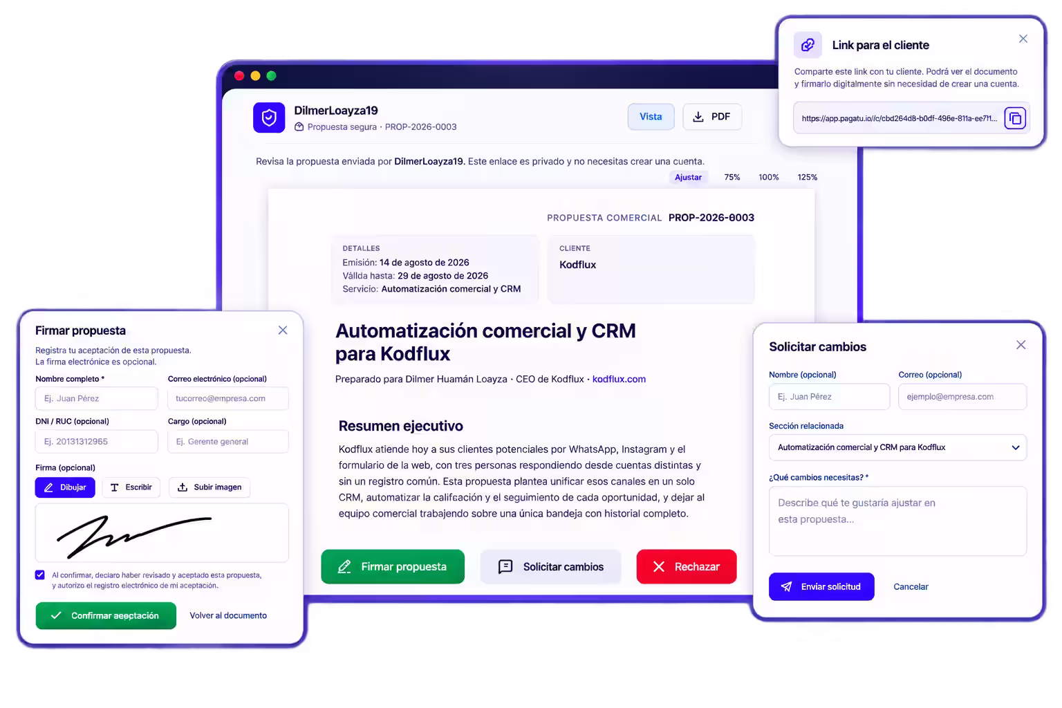 Un cliente revisa la propuesta desde el enlace privado, con las opciones de firmar, solicitar cambios o rechazar