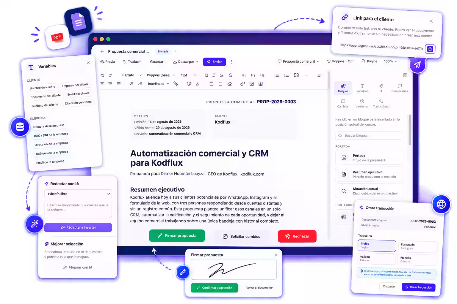 Editor de Pagatu con una propuesta comercial, el panel de IA, el enlace para el cliente y la firma digital
