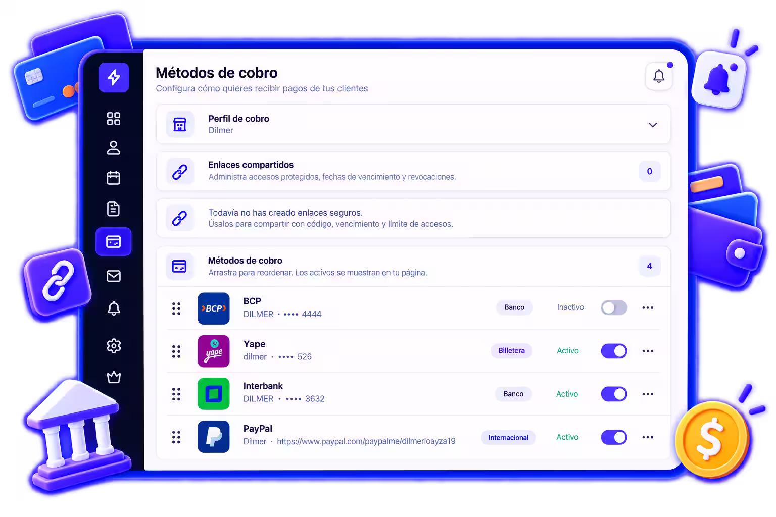 Pantalla de métodos de cobro de Pagatu con Yape, BCP, Interbank y PayPal, cada uno con su interruptor de activo o inactivo